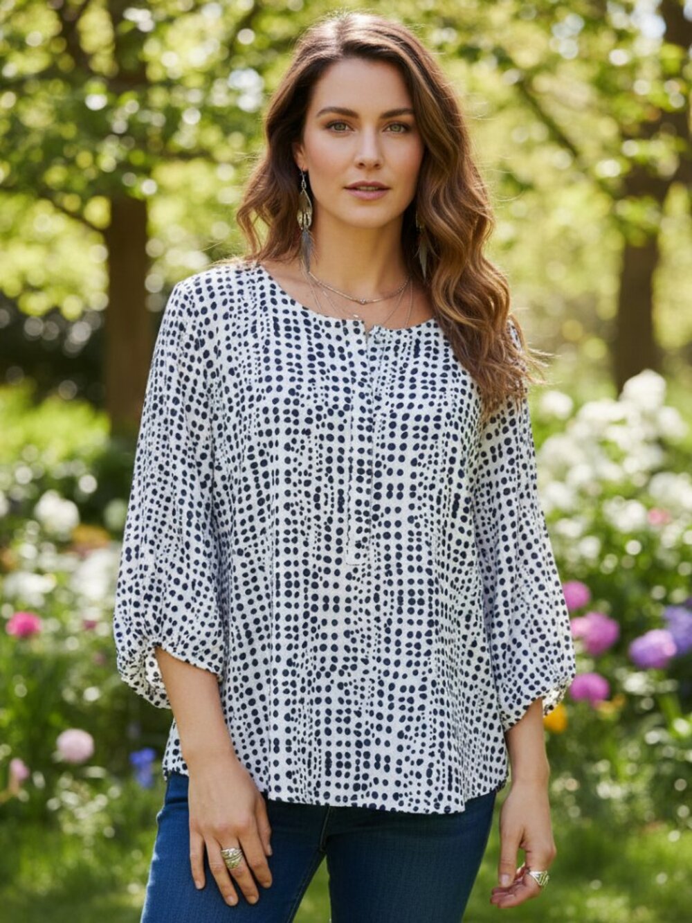 Merona XXL 2XL Top White Black Dot Henley 3/4 Sleeve Office Normcore Casual